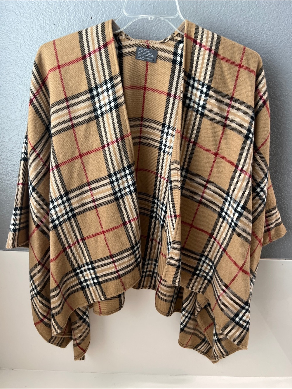 Plaid Open Front Camel Cape Jacket